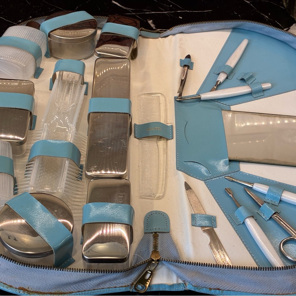 NEW ! Vintage 1960s–70s Light Blue Travel Manicure and vanity Set NEVER USED